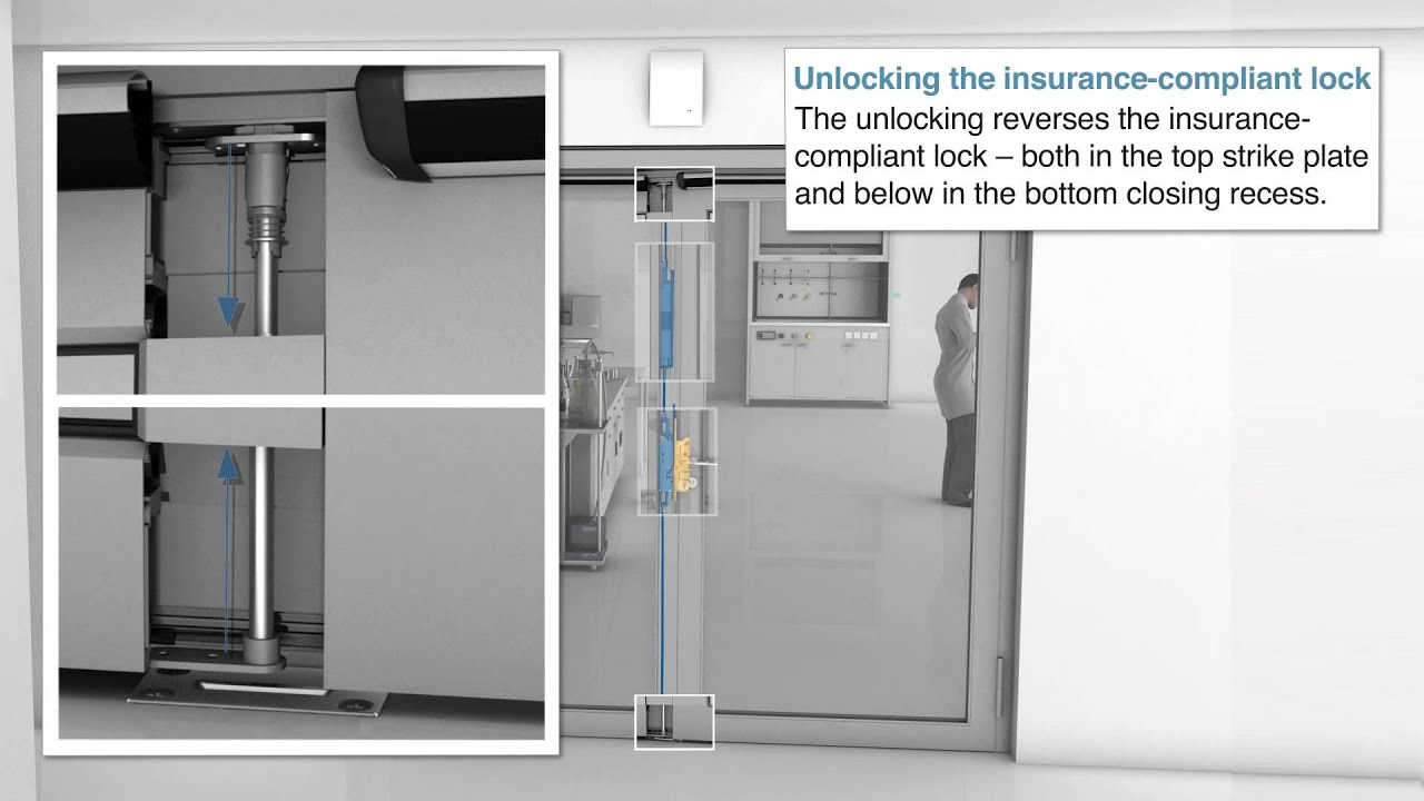 GEZE panic lock IQ lock AUT product video Lock technology – the passive leaf has been motorised in double leaf doors, offering accessibility for everyone.